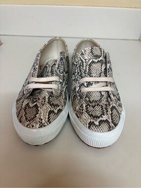 Superga Snake Print Slip-On Sneakers in Beige and Black